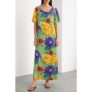 Jams World Vintage Short Sleeve Floral Maxi Dress Water Color Print Small